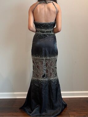 Vintage Backless Black Beaded Evening Gown